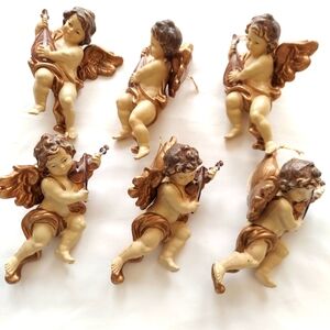 Vintage Cherub Angel Ornament Playing Violin Or Manda String Insturment Set Of 6
